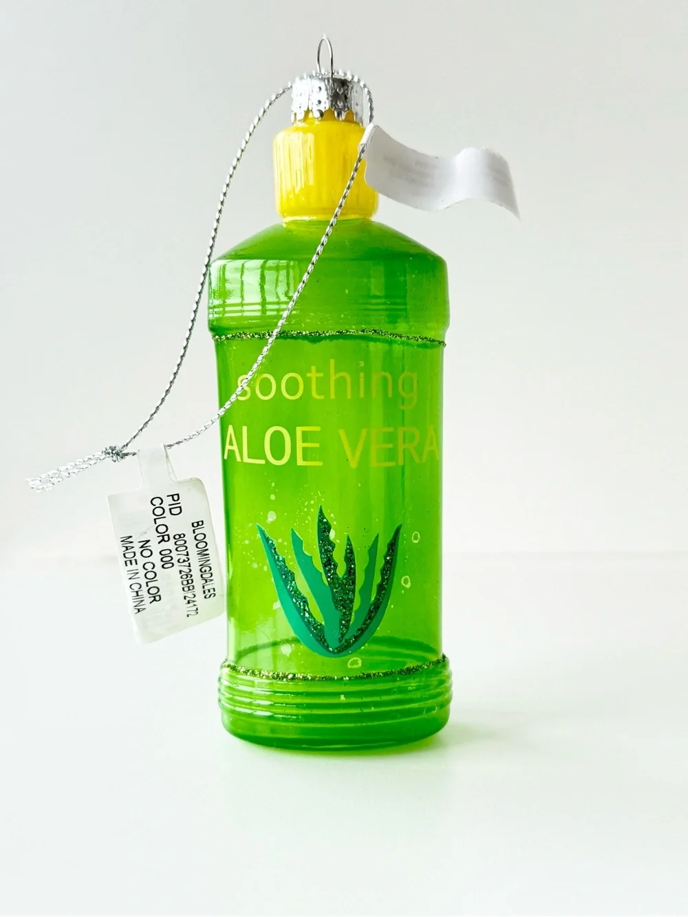 Bloomingdale’s Green Painted Glass Aloe Vera Bottle Christmas Ornament NWT